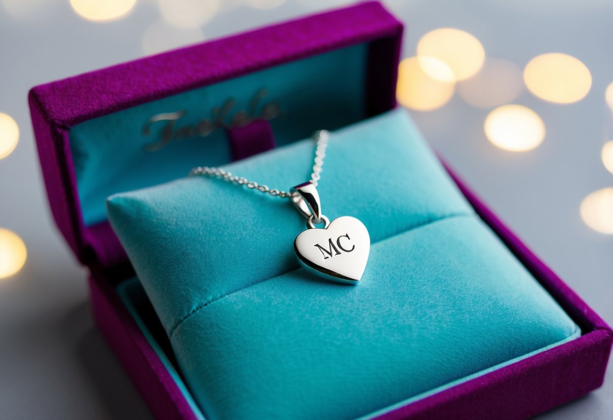 A delicate silver necklace with a heart-shaped pendant, personalized with the initials "MC", displayed on a velvet-lined jewelry box