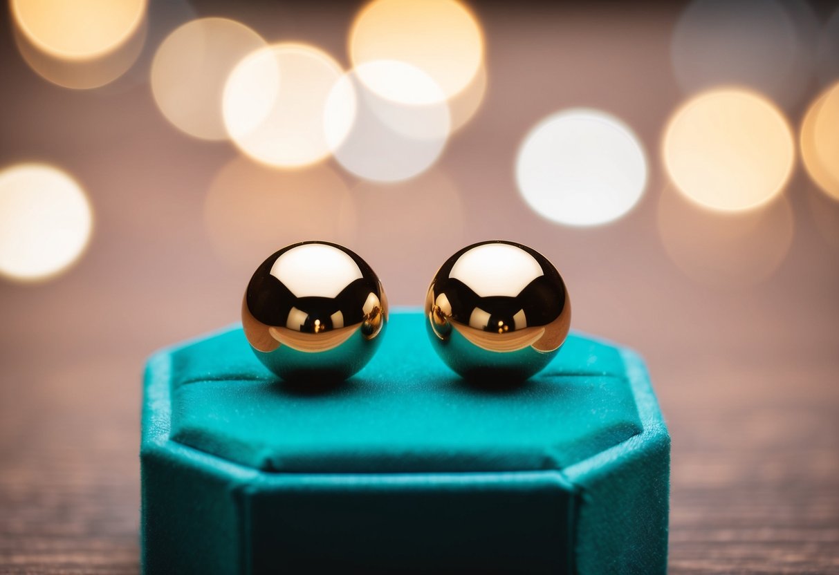 Two shiny gold stud earrings on a velvet jewelry box