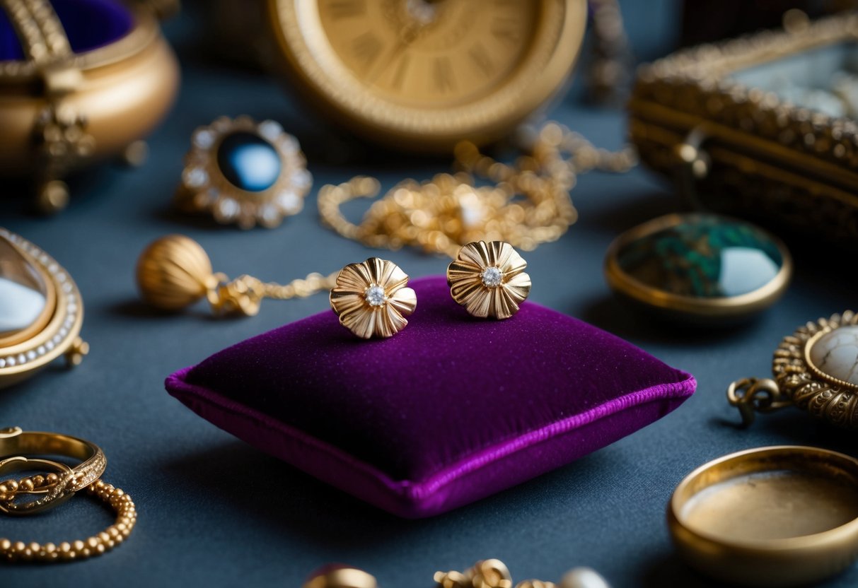 A pair of gold stud earrings lying on a velvet cushion, surrounded by antique jewelry and artifacts