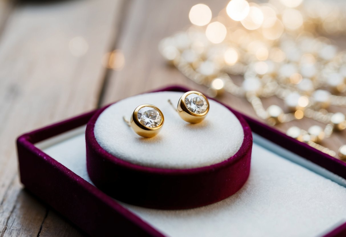 A pair of gold stud earrings displayed on a velvet-lined jewelry tray, catching the light and casting a subtle shimmer