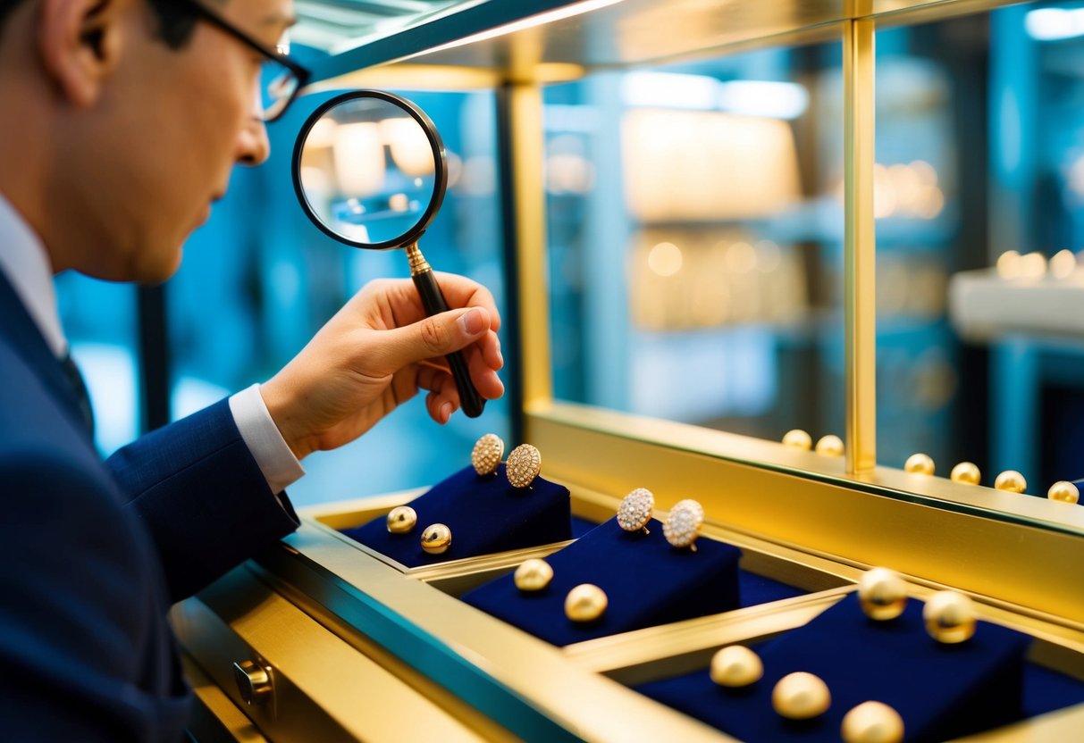 A jeweler carefully inspects and selects high-quality gold stud earrings from a display case, using a magnifying glass to examine each piece for flaws