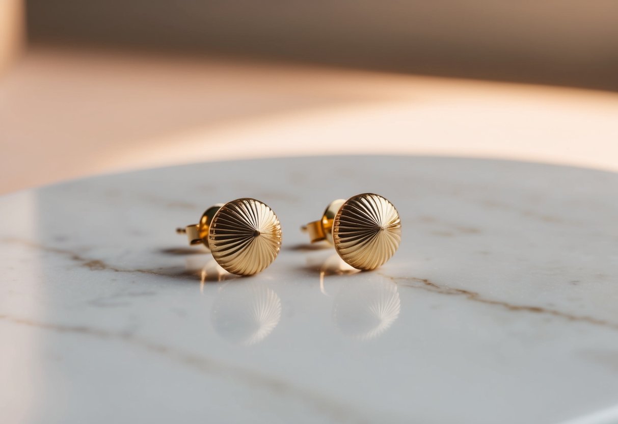 Two gold stud earrings on a marble surface with a soft, warm light shining from above, casting subtle shadows