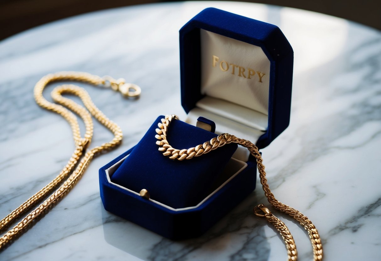 A personalized gold chain draped over a velvet jewelry box on a marble tabletop