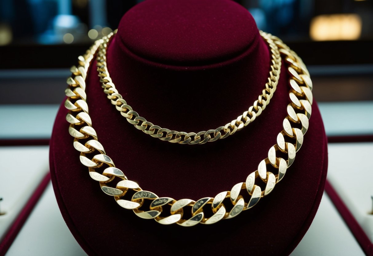 A gold chain with personalized engravings sits on a velvet display in a dimly lit jewelry store