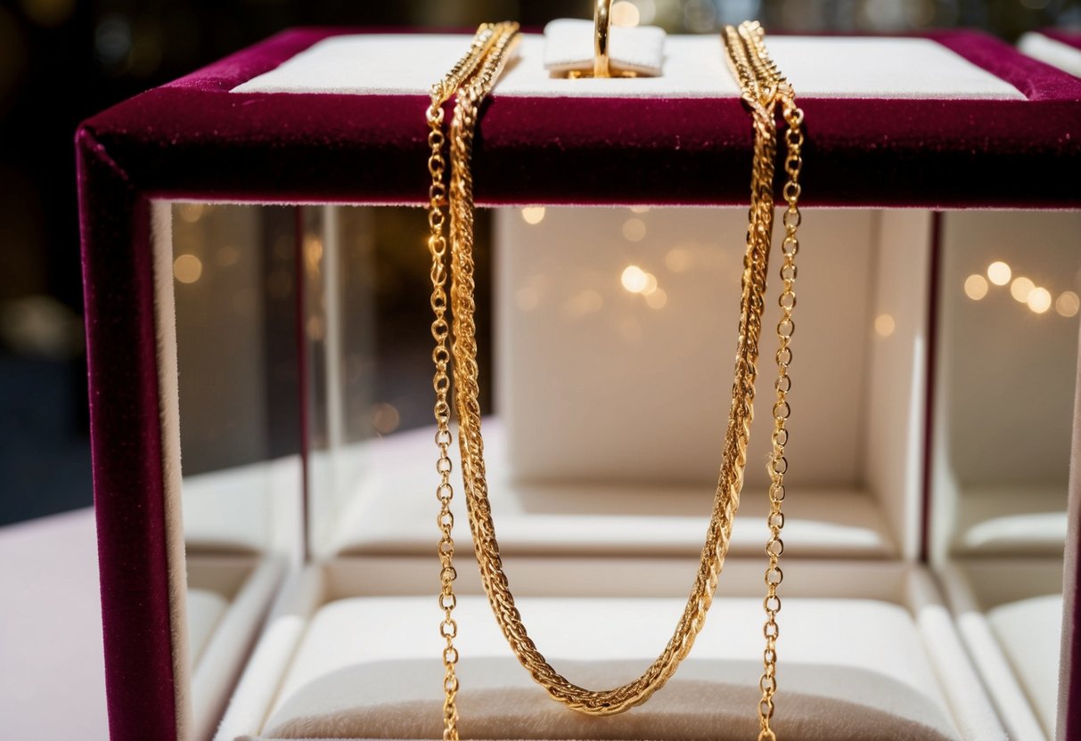 A handcrafted gold chain dangles from a velvet display, catching the light in a luxurious setting