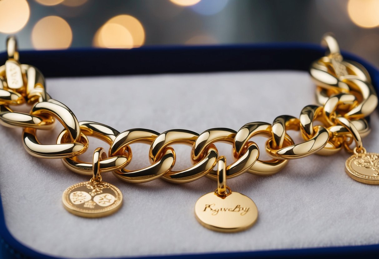 A gleaming gold chain with customizable charms and engravings displayed on a velvet-lined jewelry tray