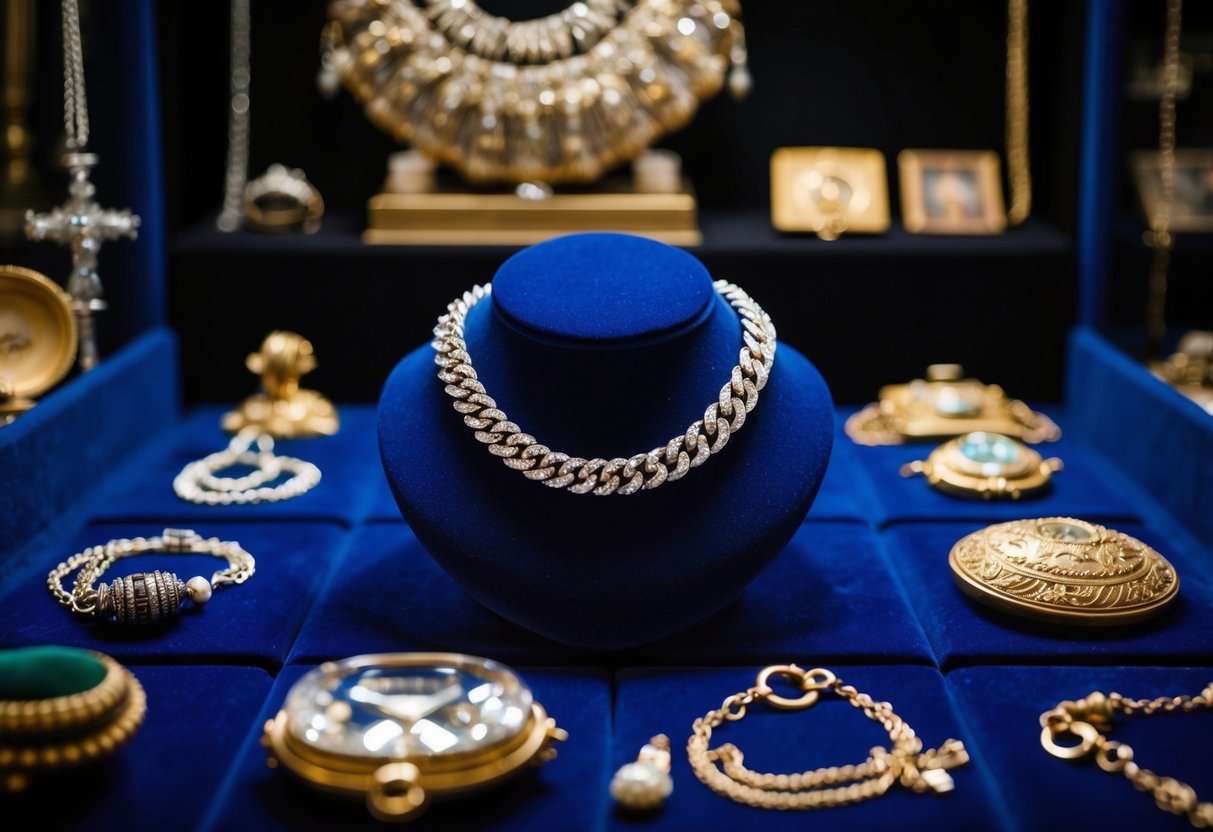 A sparkling sterling silver chain lies on a velvet display, surrounded by historical artifacts and antique jewelry