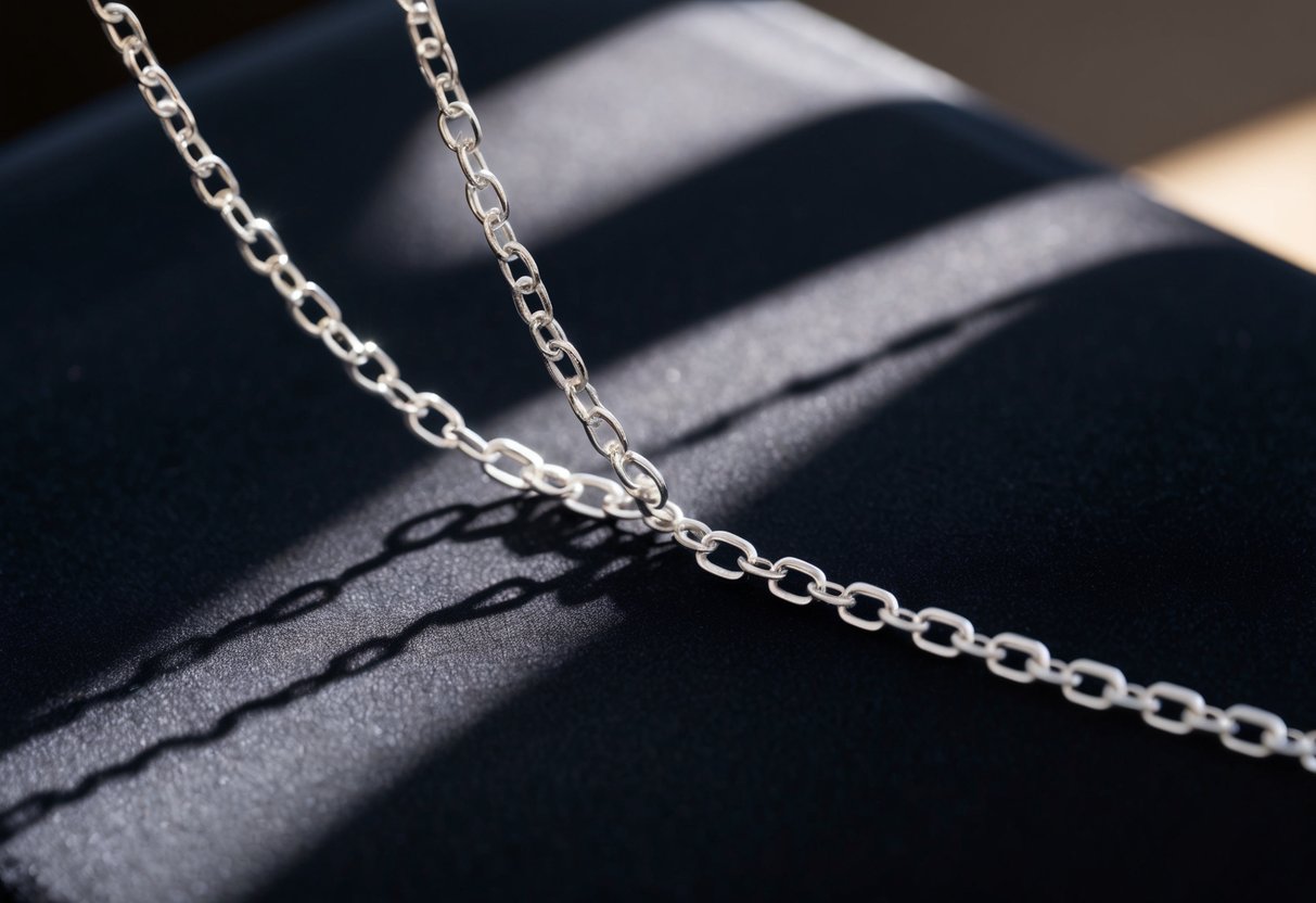 A gleaming sterling silver chain dangles against a dark velvet background, catching the light and casting delicate shadows