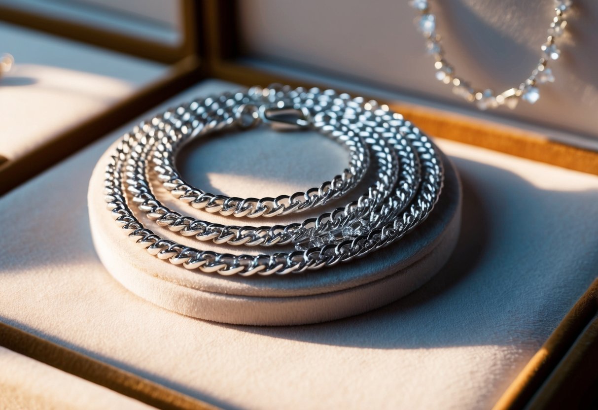 A sparkling sterling silver chain lies coiled on a velvet-lined jewelry display, catching the light and casting delicate shadows