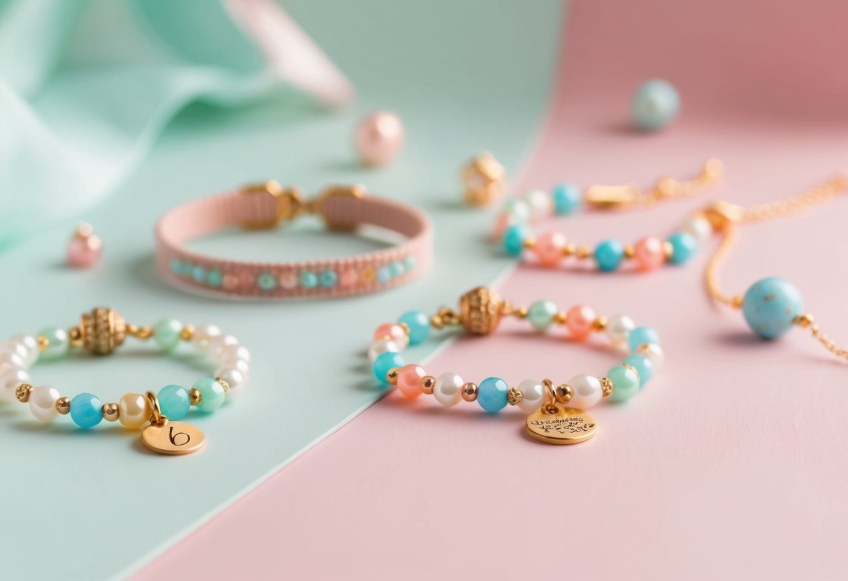 A collection of delicate baby bracelets on a soft, pastel-colored background, with tiny charms and beads adding a personalized touch