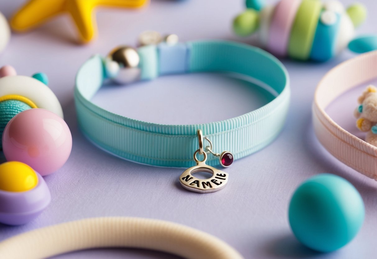 A small, delicate baby bracelet with a name charm and tiny birthstone dangles from a soft, pastel-colored ribbon, surrounded by toys and baby accessories