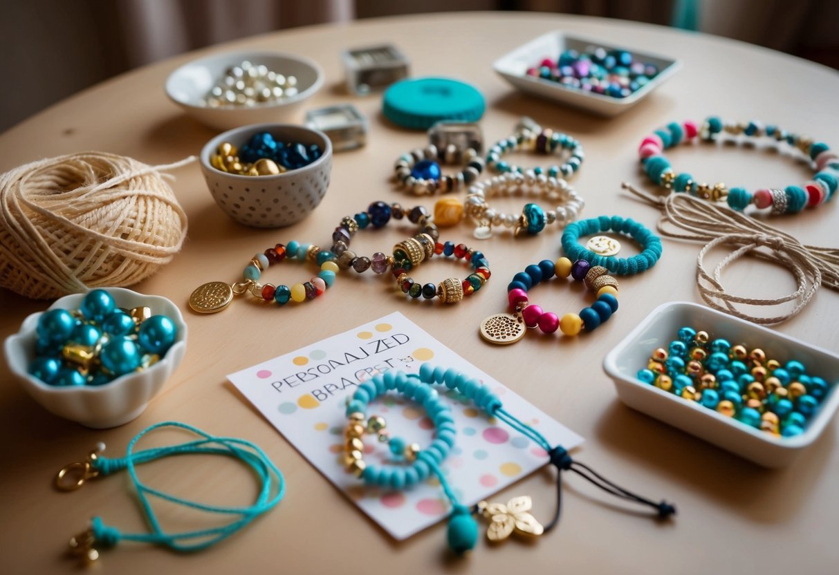 A table with various materials laid out: beads, charms, and strings for making personalized baby bracelets