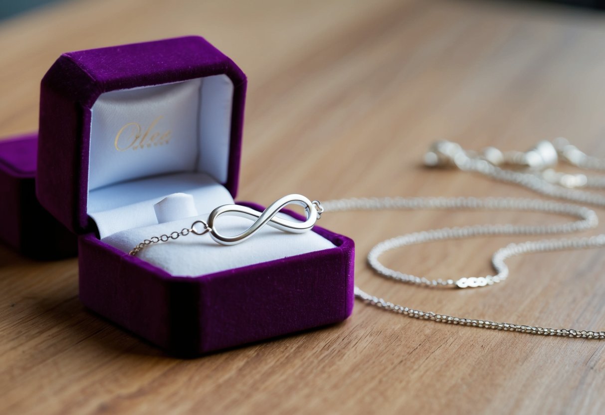 A delicate infinity necklace resting on a velvet jewelry box