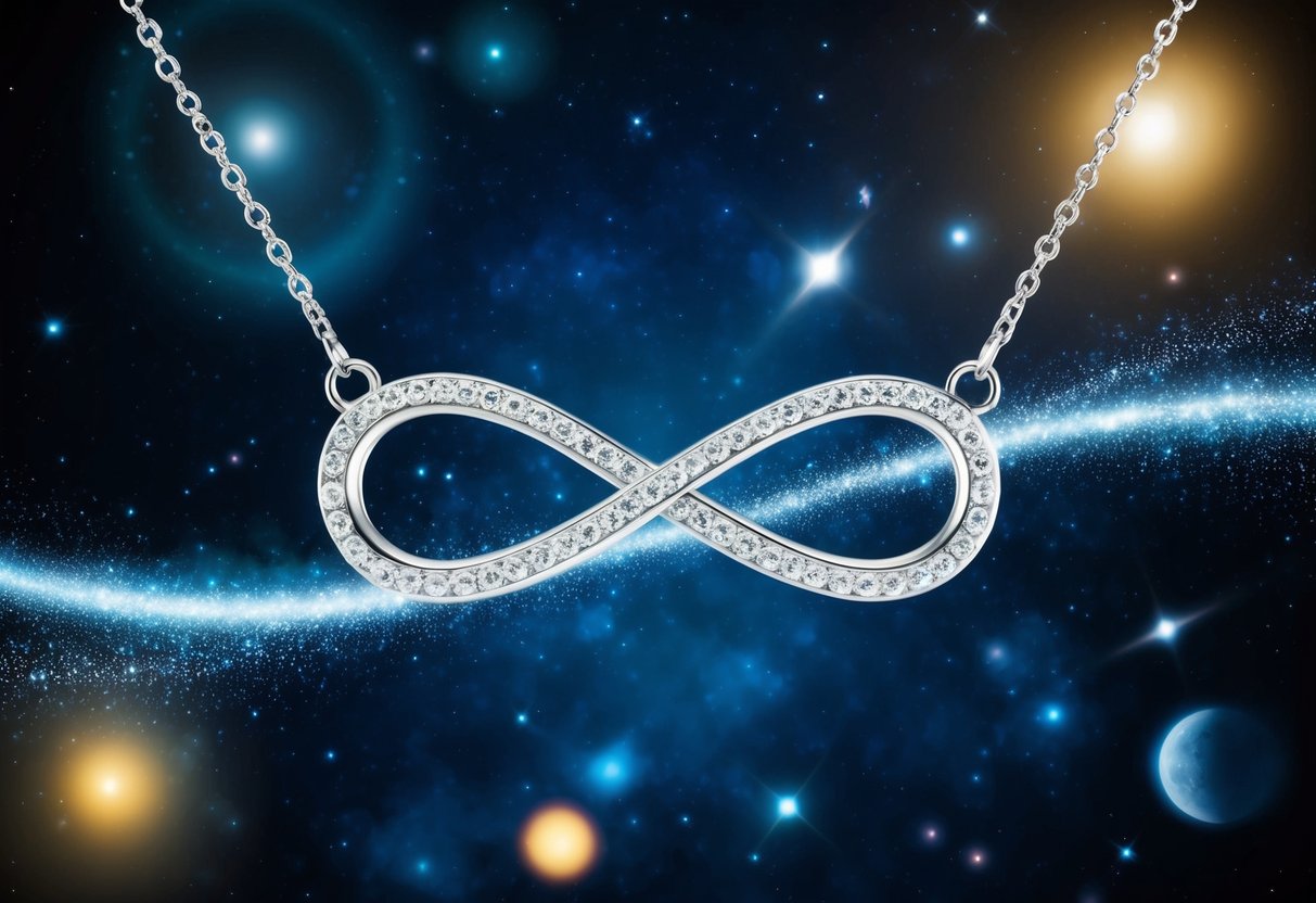 A shimmering infinity necklace floats above a starry night sky, surrounded by celestial bodies and cosmic dust