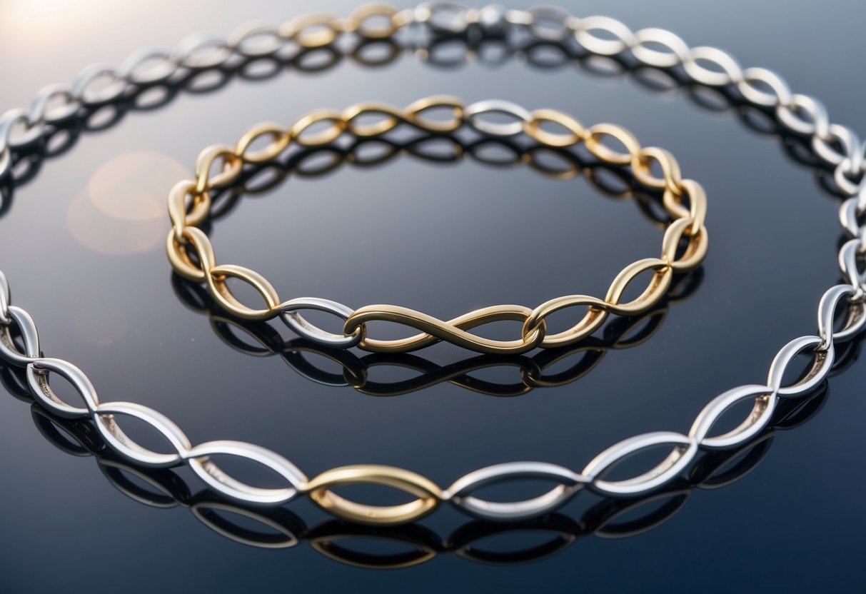 Multiple infinity necklaces arranged in a circular pattern on a reflective surface. Each necklace features a unique design variation