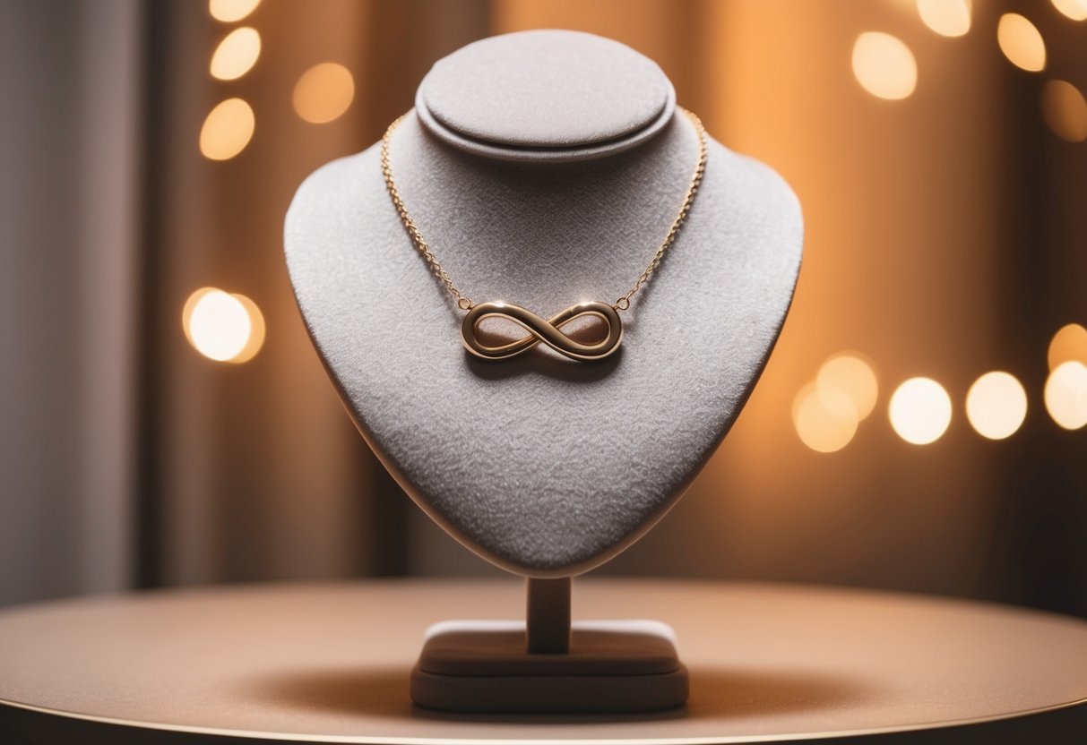 An elegant infinity necklace displayed on a velvet jewelry stand under soft, warm lighting