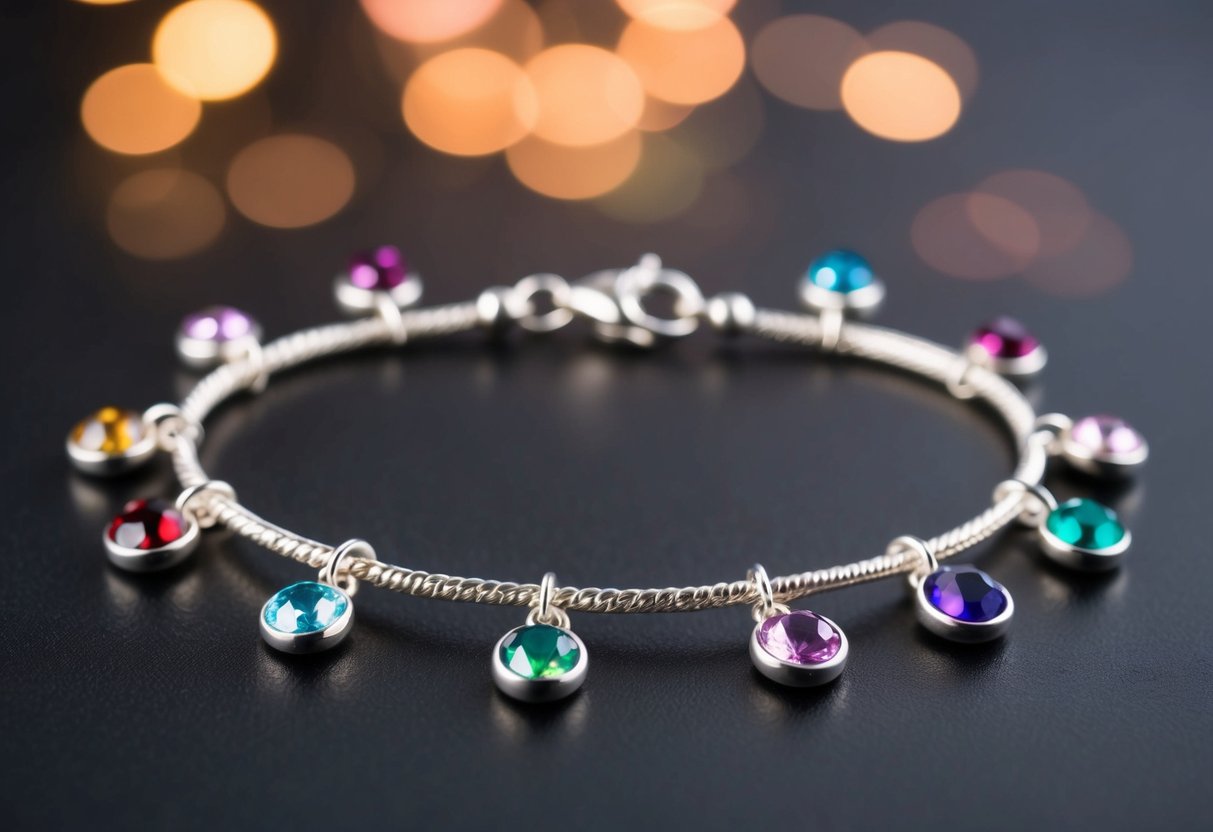 A delicate silver bracelet adorned with colorful birthstone charms