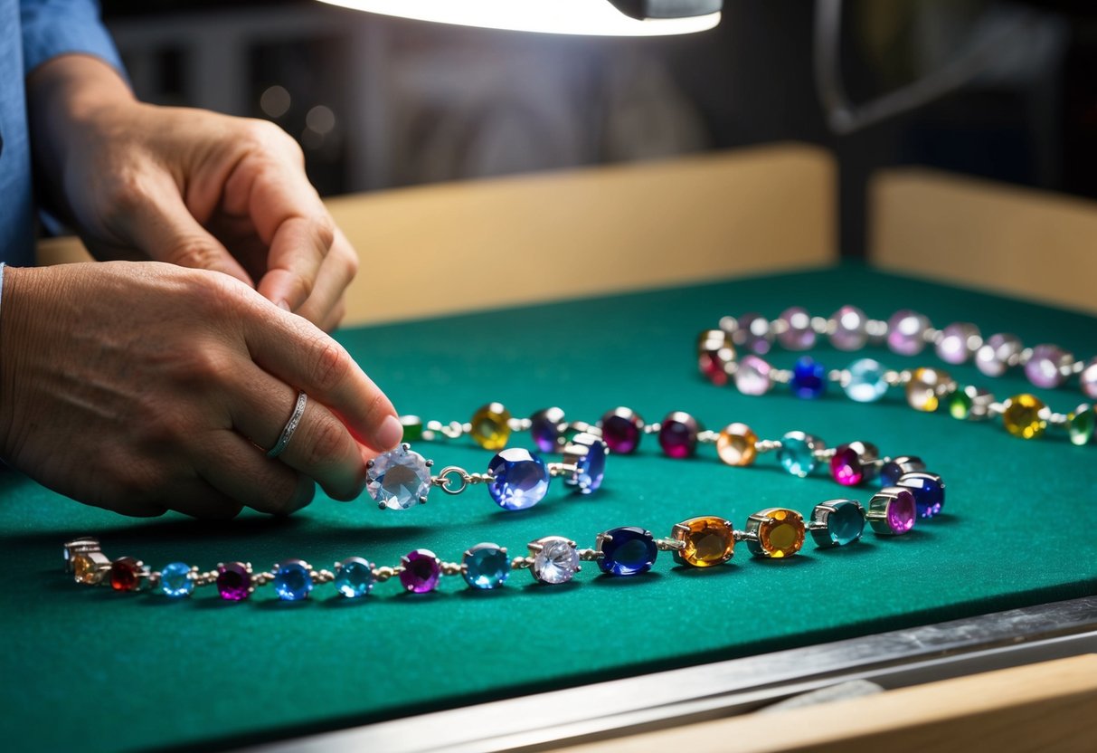 A jeweler carefully arranges a variety of gemstones, each representing a different birth month, on a workbench. The vibrant colors sparkle in the light, ready to be crafted into a custom birthstone bracelet