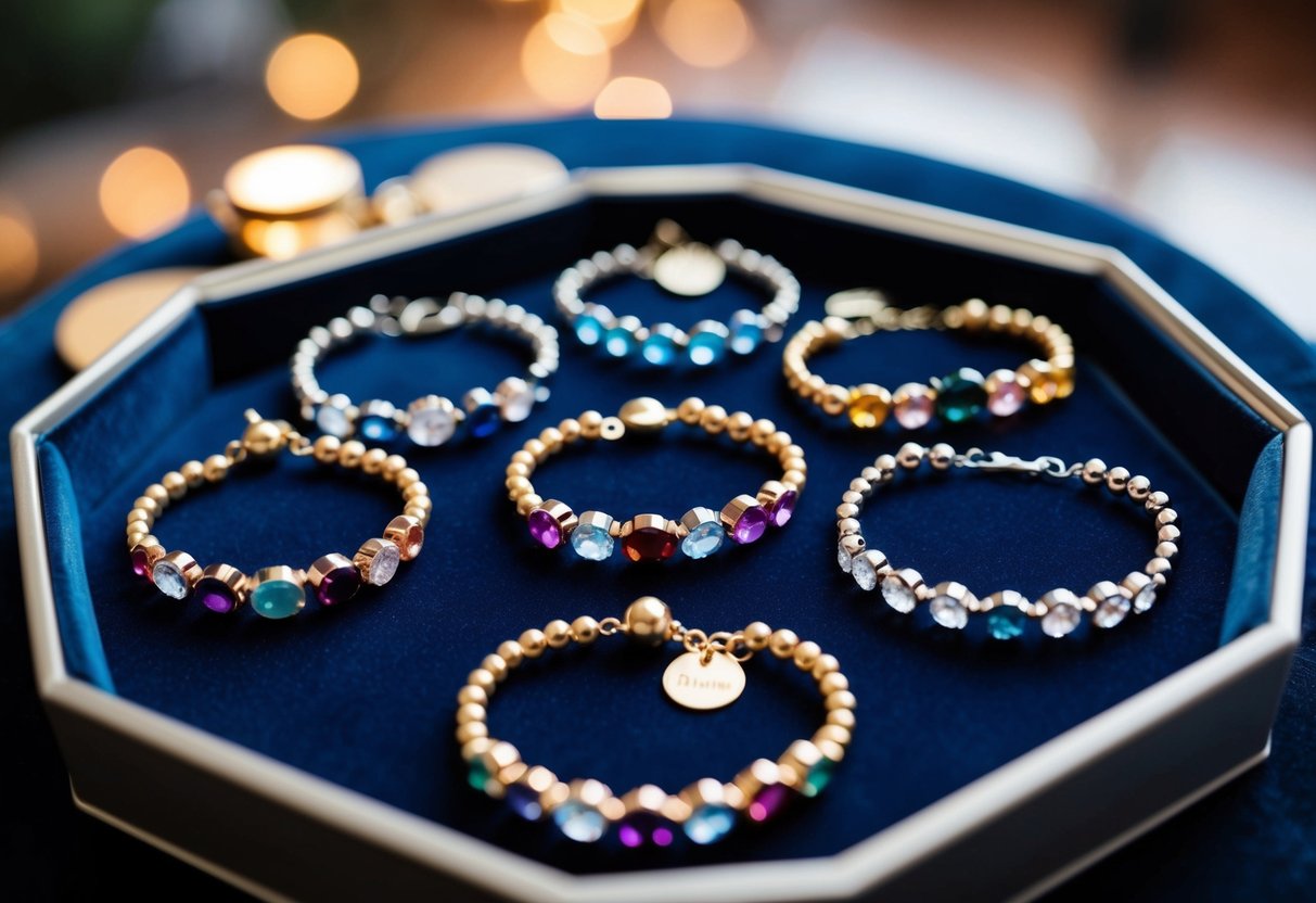 A collection of unique birthstone bracelets displayed on a velvet-lined tray, each bracelet featuring a different sparkling gemstone representing a specific birth month