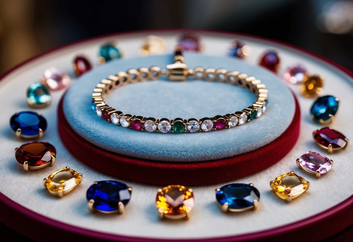 A sparkling birthstone bracelet surrounded by various gemstones on a velvet display