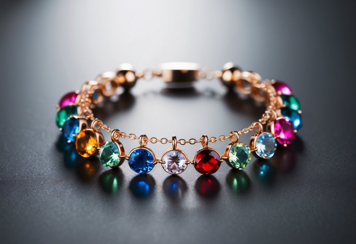 A sparkling bracelet with colorful birthstone charms arranged around a delicate chain