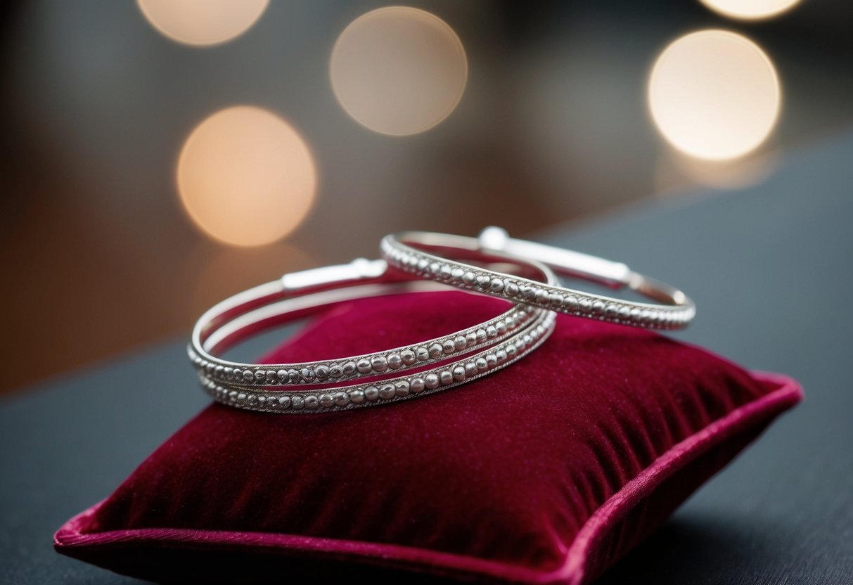 Two delicate silver bracelets resting on a velvet cushion