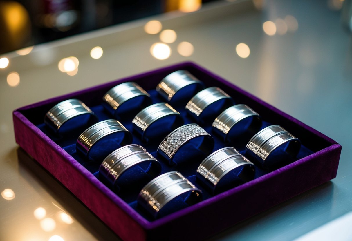 A collection of silver bracelets displayed on a velvet-lined tray, catching the light and casting shimmering reflections