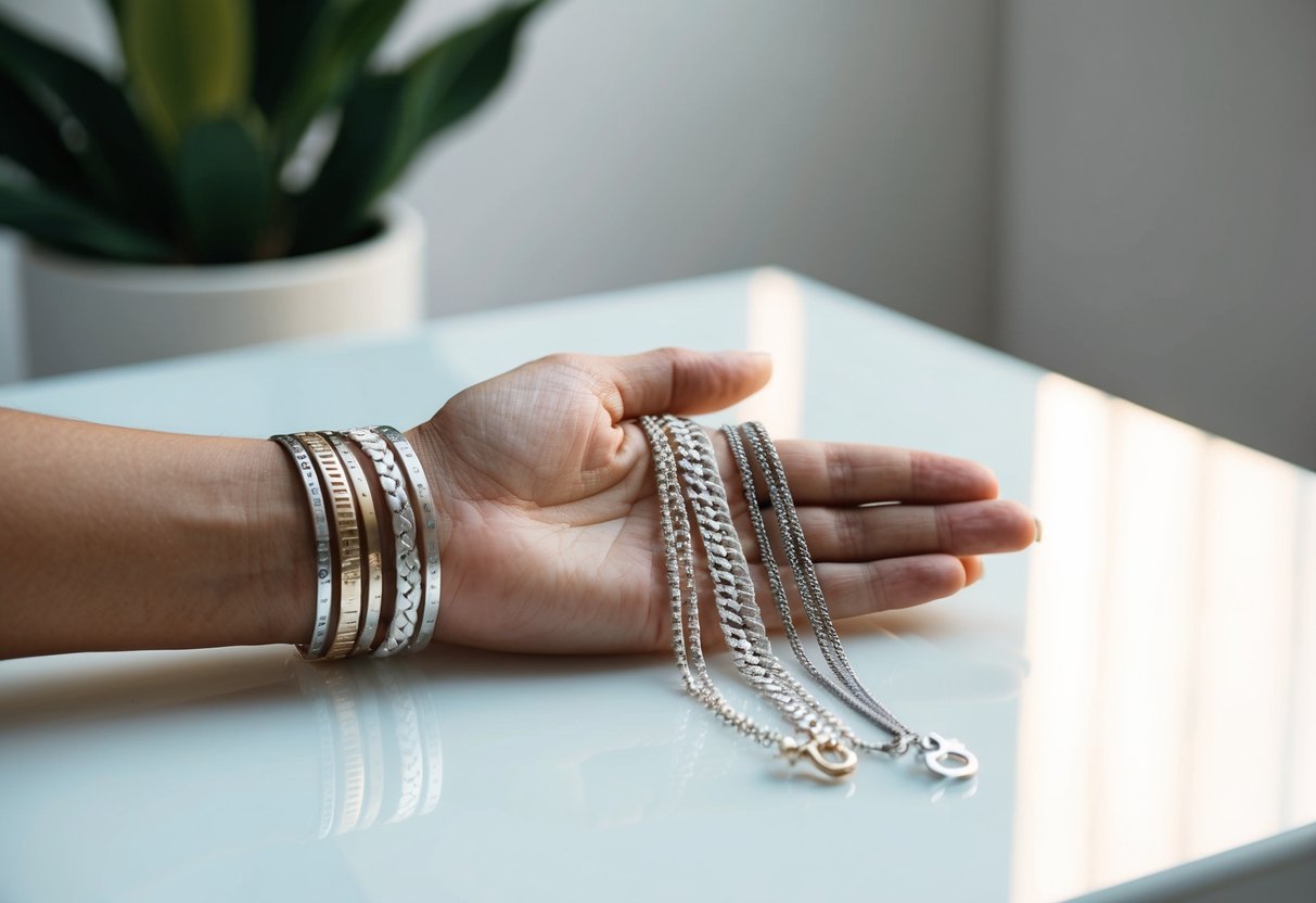 A hand holding a variety of silver bracelets, displayed on a clean, white surface with soft, natural lighting