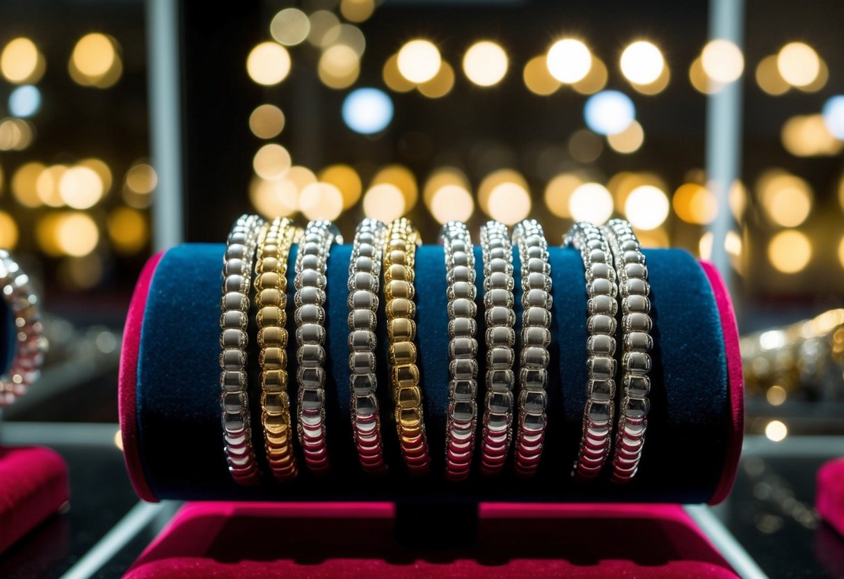 A collection of silver bracelets arranged on a velvet display stand, catching the light and casting shimmering reflections