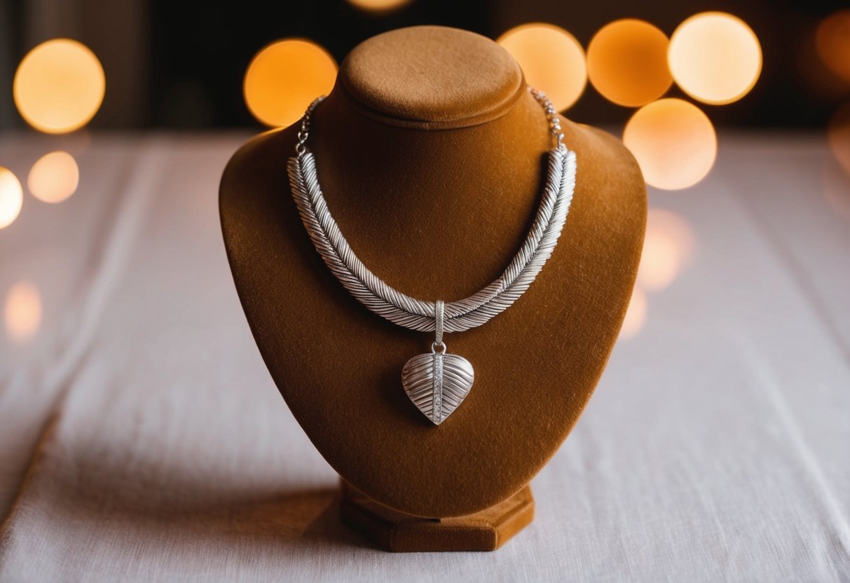 A custom silver necklace displayed on a velvet jewelry stand under soft, warm lighting