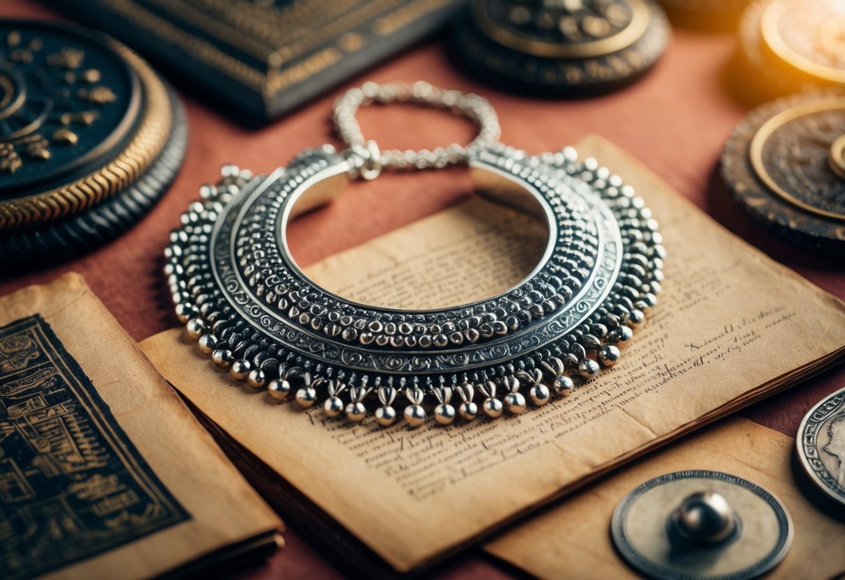 A silver necklace surrounded by ancient artifacts and historical documents