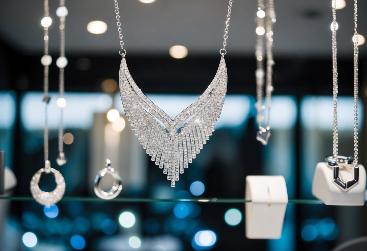 A sparkling custom silver necklace hangs from a jewelry display, catching the light and casting shimmering reflections around the room