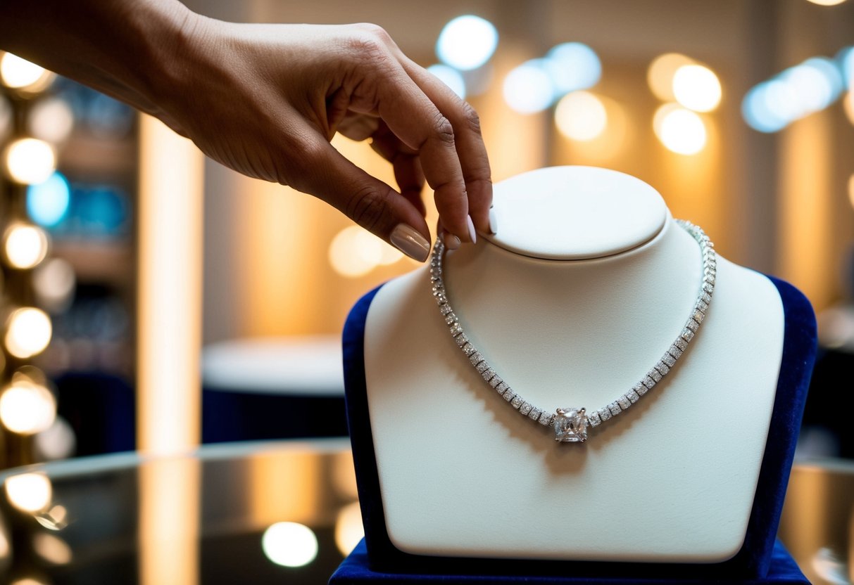 A hand reaching for a shimmering custom silver necklace on a velvet display stand