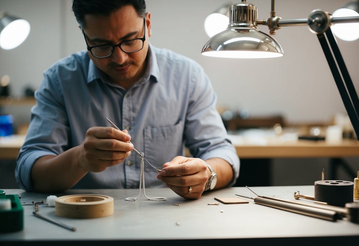 A jeweler carefully crafts a custom silver necklace, using delicate tools and precise measurements in a well-lit studio