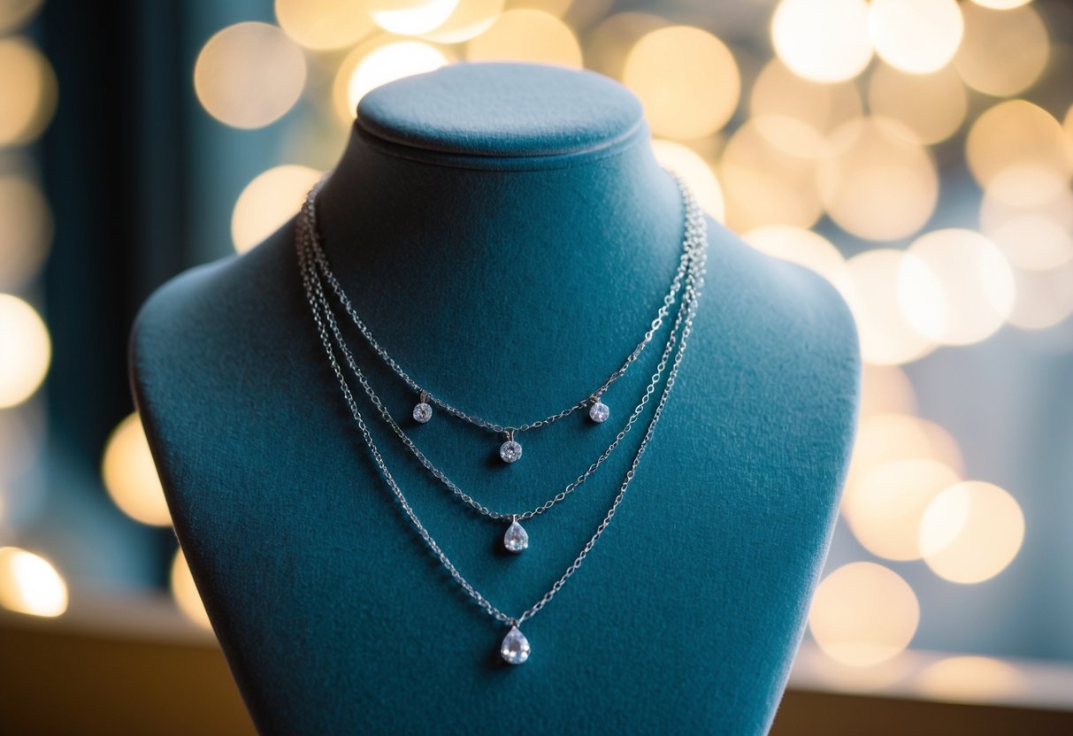 A delicate layered necklace draped over a velvet jewelry stand, catching the light with its shimmering pendants and chains