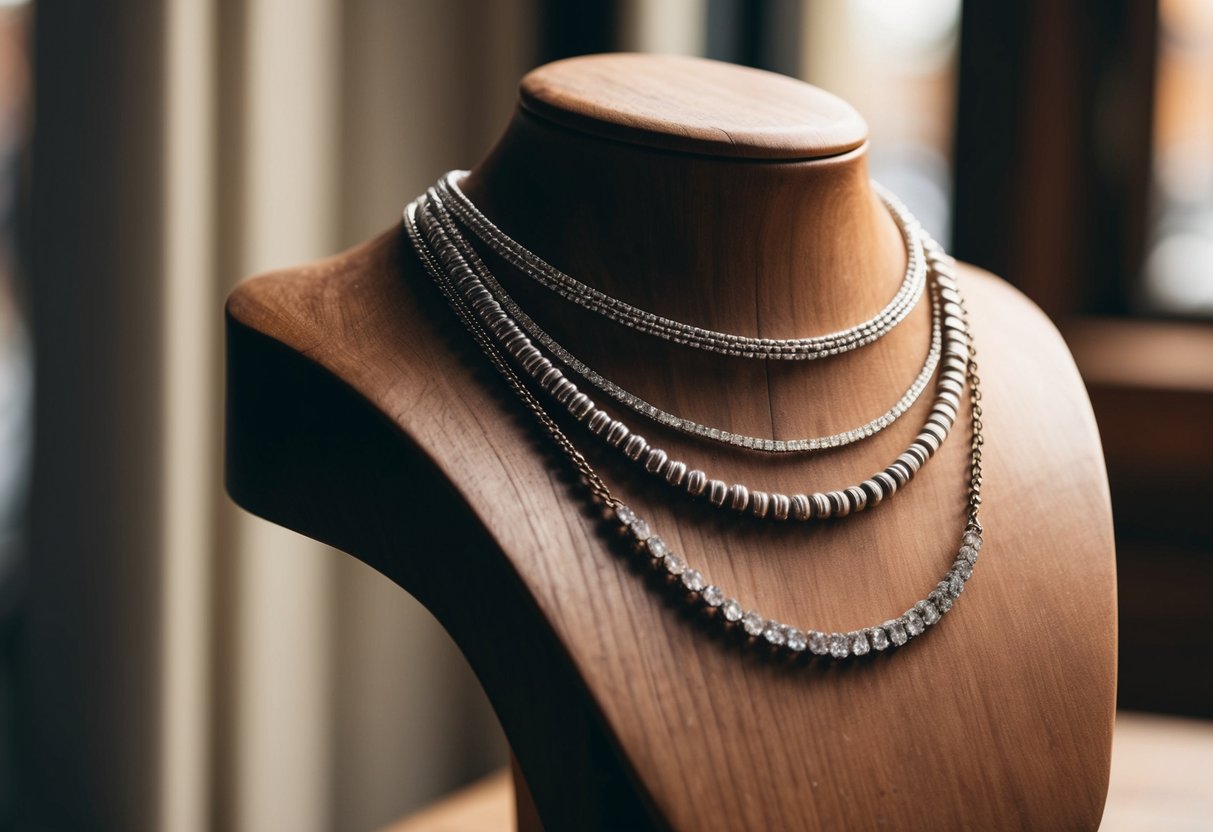 A collection of layered necklaces displayed on a vintage wooden jewelry stand, catching the light and casting delicate shadows