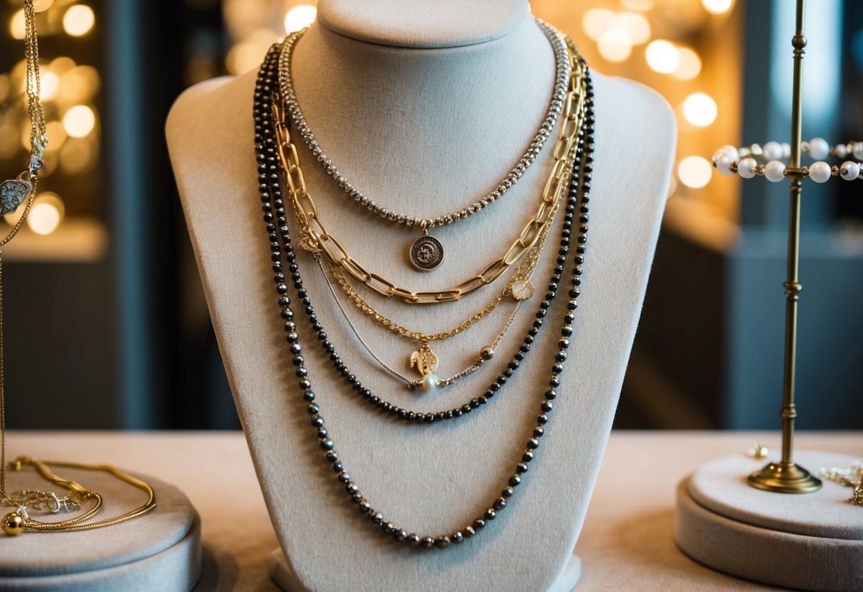 Multiple layered necklaces displayed on a velvet-lined jewelry stand. Gold, silver, and beaded chains intertwine, adorned with various pendants and charms