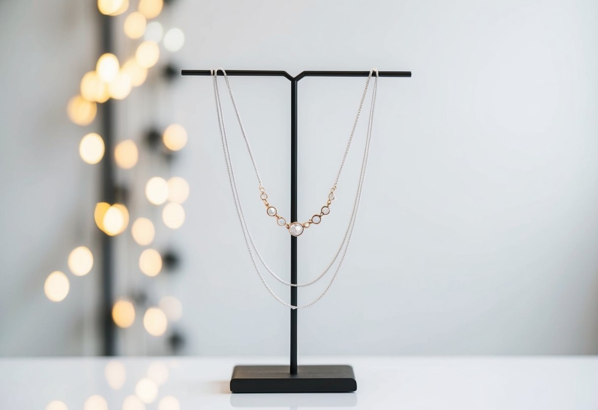 A display of layered necklaces hanging on a minimalist jewelry stand against a white background