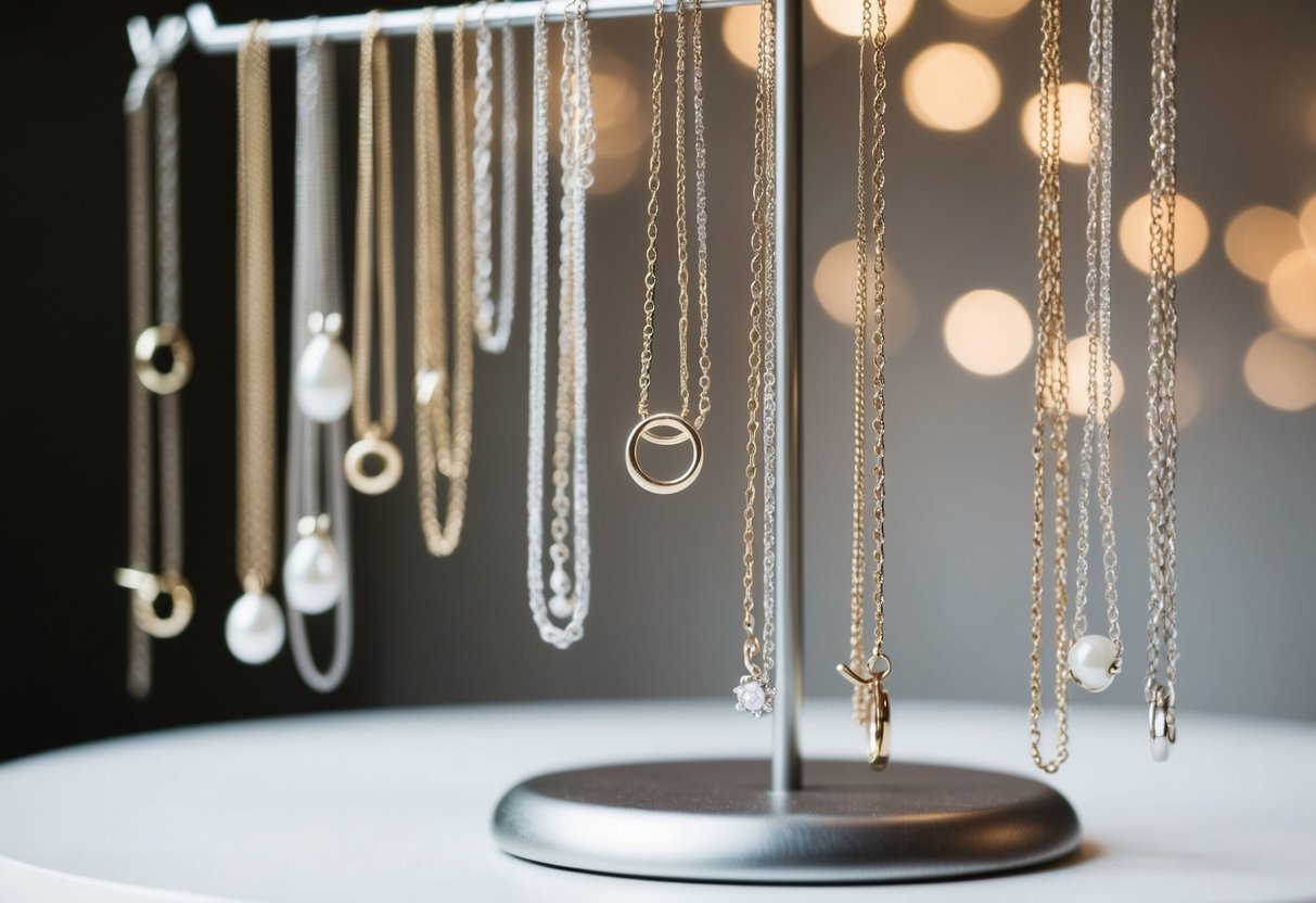 Several delicate necklaces of varying lengths draped over a jewelry stand, creating a layered effect