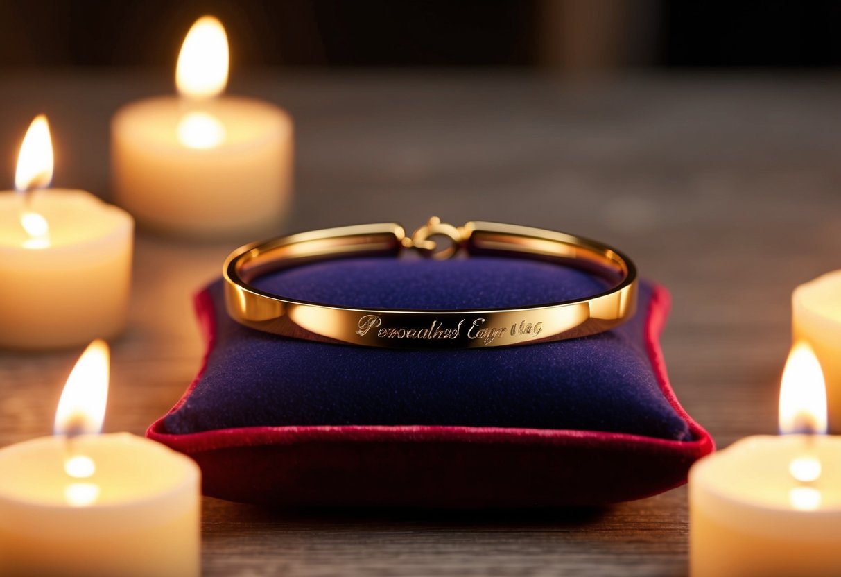 A delicate 14k gold bracelet resting on a velvet cushion, surrounded by soft candlelight and shimmering with a personalized engraving