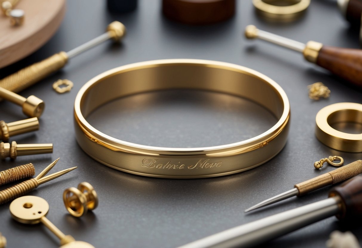 A handcrafted 14k gold bracelet with a personalized engraving, surrounded by delicate jewelry tools and materials