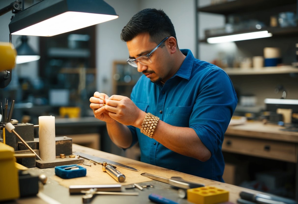 A jeweler carefully crafting a 14k gold bracelet, surrounded by tools and materials in a well-lit workshop