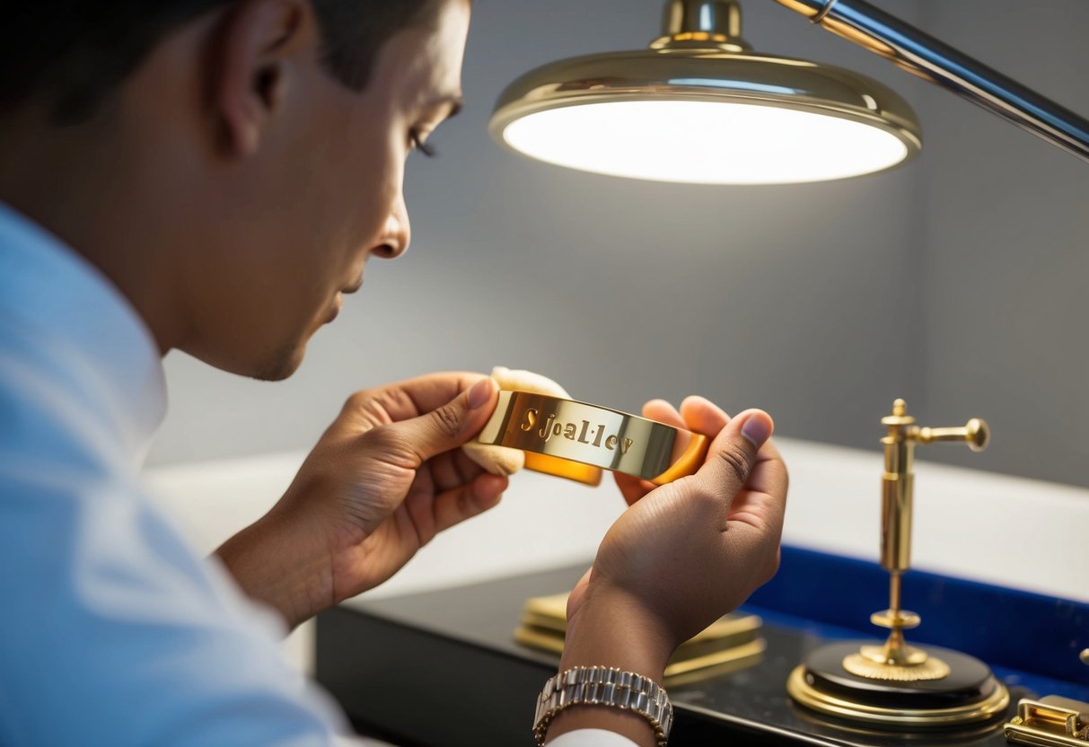 A jeweler carefully polishing a 14k gold personalized bracelet with a soft cloth, inspecting its luster under a bright light