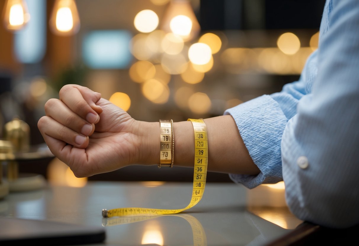 A jeweler measuring a wrist with a tape measure for a personalized 14k gold bracelet