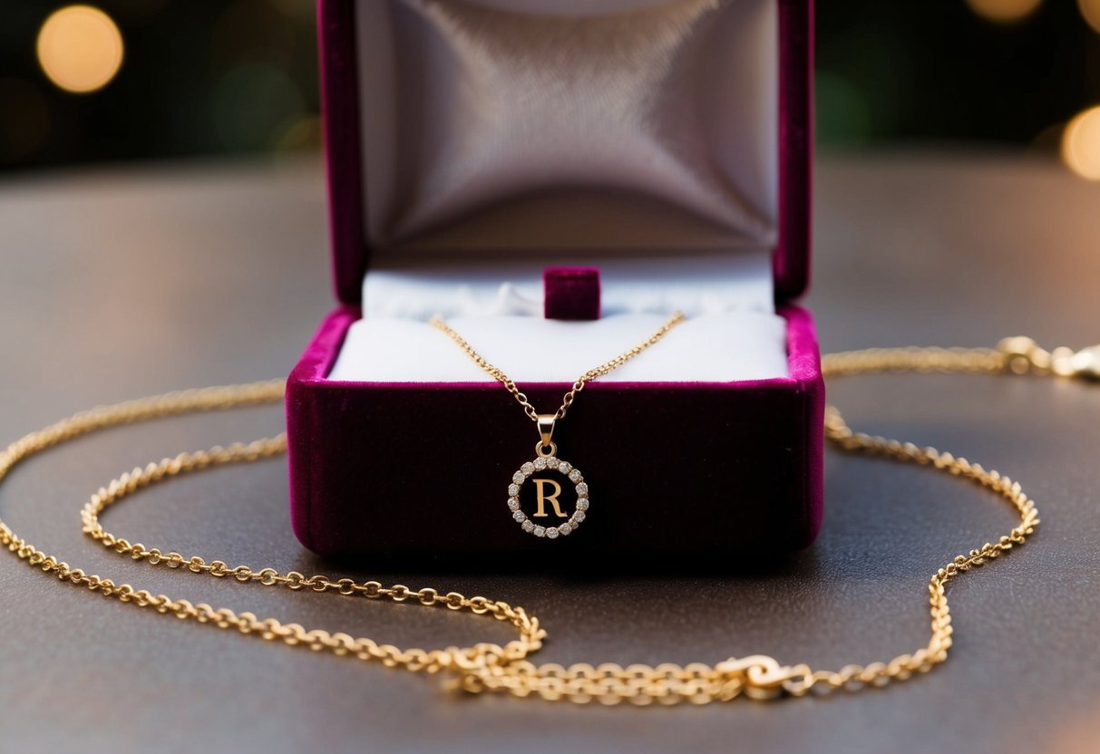 A delicate gold initial necklace rests on a velvet jewelry box