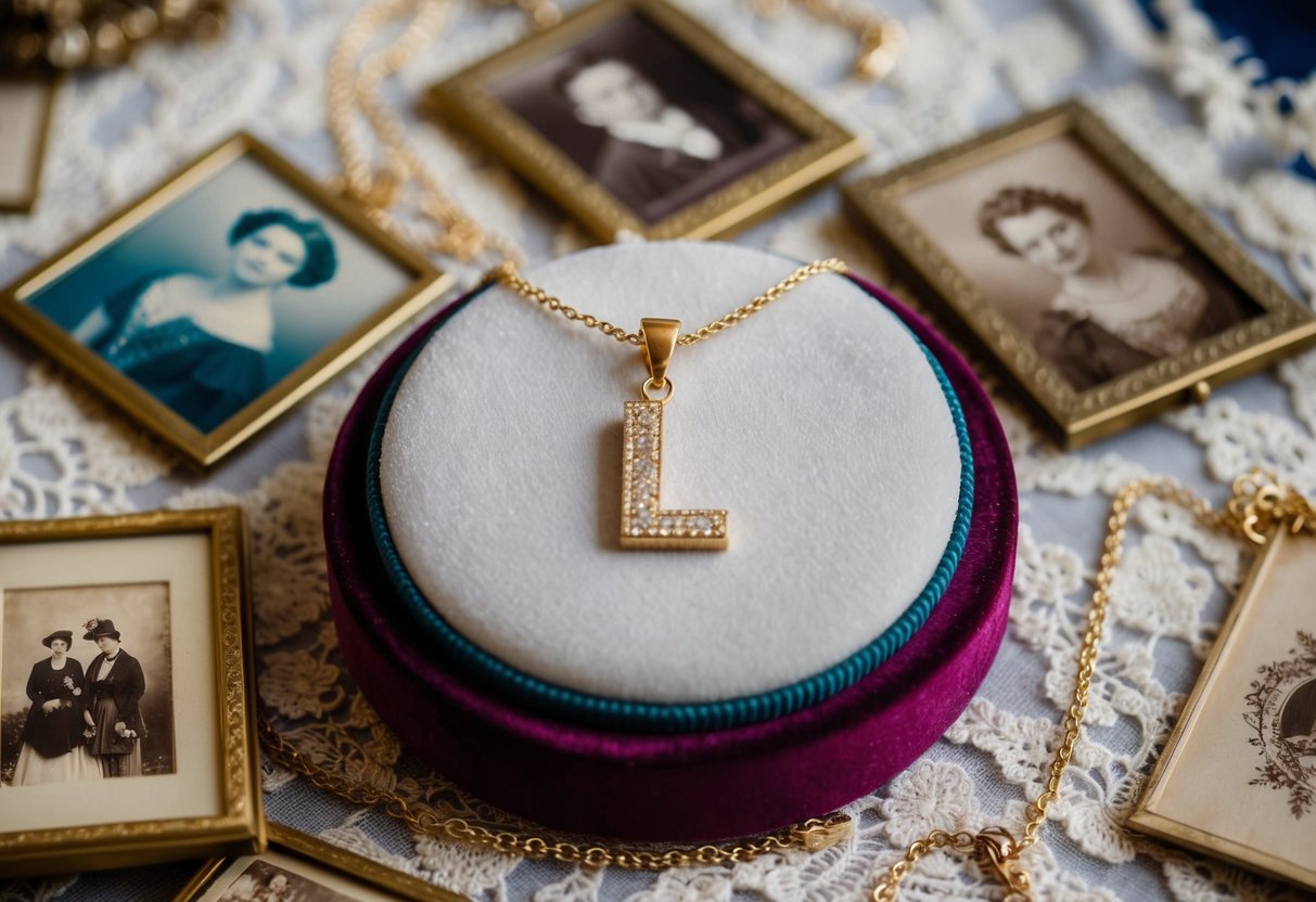 A shimmering gold initial necklace resting on a velvet jewelry display, surrounded by antique photos and delicate lace