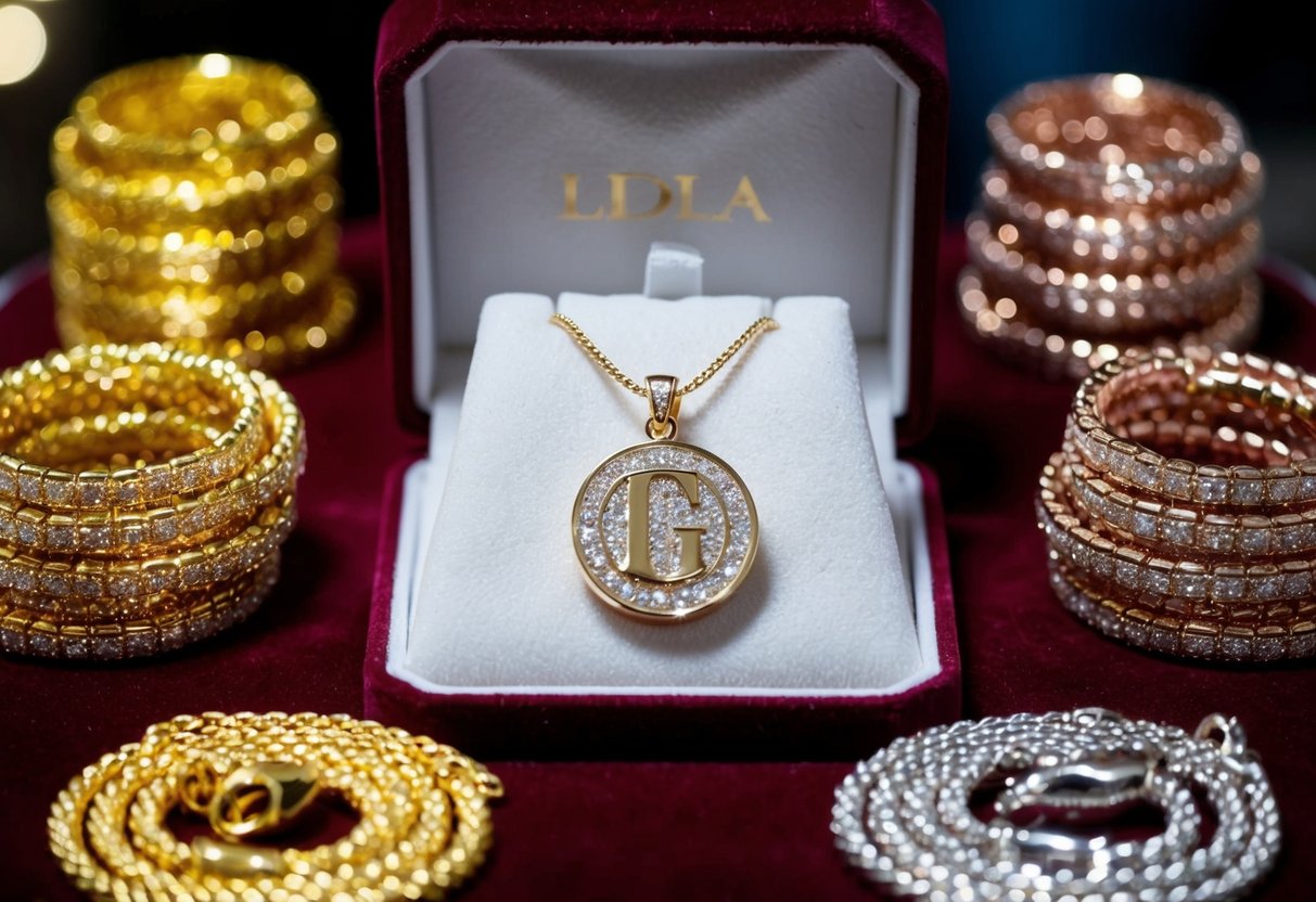 A shimmering gold initial necklace surrounded by various types of gold, such as yellow, rose, and white, arranged on a velvet display