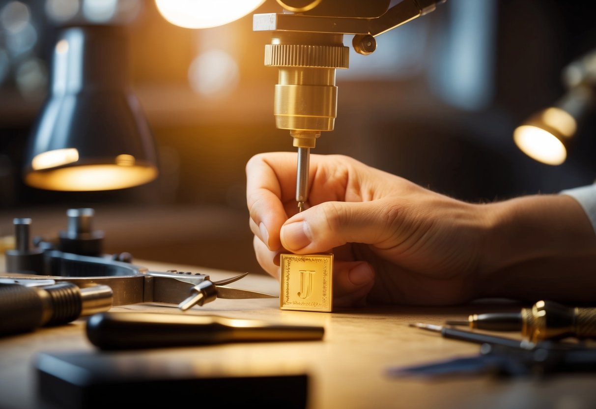 A jeweler carefully engraves a gold initial pendant, surrounded by delicate tools and glowing in the warm light of the workshop