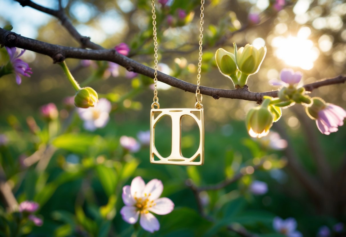 A delicate gold initial necklace hanging from a tree branch, surrounded by blooming flowers and dappled sunlight