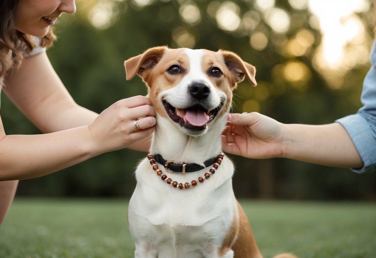 A custom dog necklace being delicately placed around a happy pup's neck